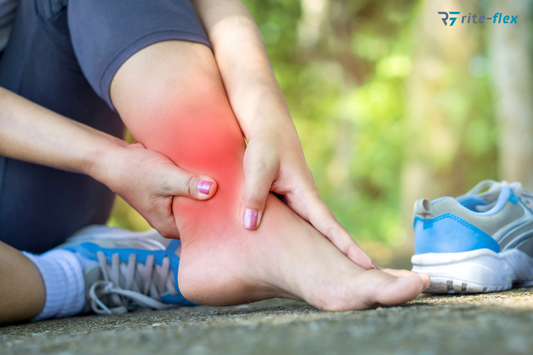 Adult experiencing an ankle sprain with visible swelling, needing support and pain relief